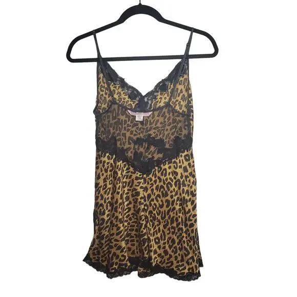 Victoria's Secret Vintage Leopard Print Silk Chemise Slip Black Lace Trim Medium - Picture 2 of 16